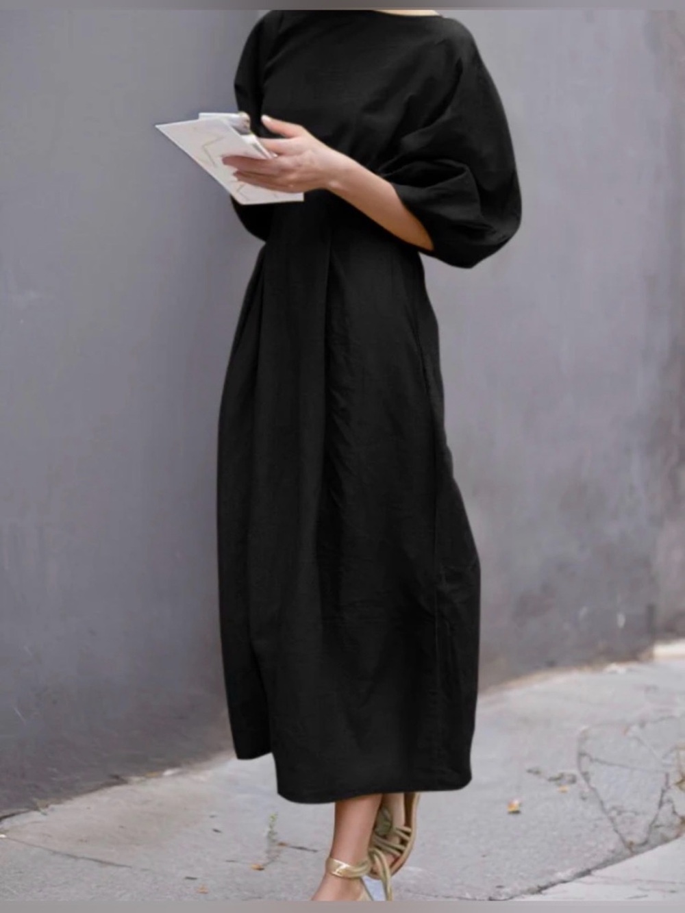 UOOZEE Black Linen Blend Maxi Dress W/Puff Sleeves and Side Pockets Size Large
